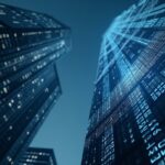 Escena fotorrealista de las torres de Wall Street transformándose en una celosía brillante del token TAO con el ticker GTAO.