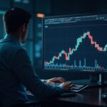 Comerciante fotorrealista estudia un gráfico criptográfico en caída con símbolos de Hedera y ETF, señalando vientos regulatorios en contra.