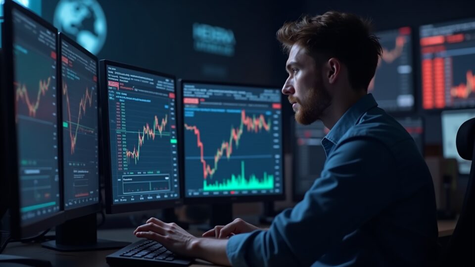 Operador de criptomonedas fotorealista estudia gráficos de precios brillantes cerca de $0.102 con el logotipo de Hedera HBAR, indicando riesgo