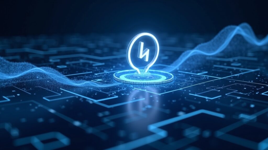 Logotipo de Hyperliquid en una sala de negociación futurista con liquidez fluida en cadena y futuros descentralizados con custodia como prioridad