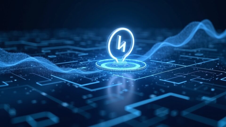 Logotipo de Hyperliquid en una sala de negociación futurista con liquidez fluida en cadena y futuros descentralizados con custodia como prioridad