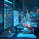 Trader centrado en un elegante hub fintech con gráficos holográficos ascendentes de HIP-3 y activos tokenizados.