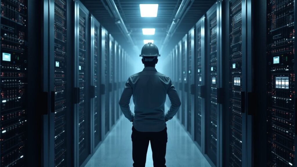 Ingeniero fotorrealista junto a rigs de bitcoin que se transforman en servidores de cómputo de IA, señalando el giro hacia el alojamiento empresarial de IA.