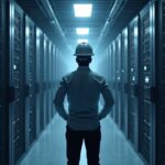 Ingeniero fotorrealista junto a rigs de bitcoin que se transforman en servidores de cómputo de IA, señalando el giro hacia el alojamiento empresarial de IA.