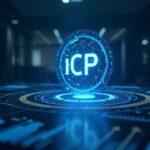 Símbolo de ICP fotorrealista en un panel elegante, circuitería de IA y flechas de demanda creciente contra descentralización y regulación.