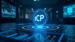 Símbolo de ICP fotorrealista en un panel elegante, circuitería de IA y flechas de demanda creciente contra descentralización y regulación.