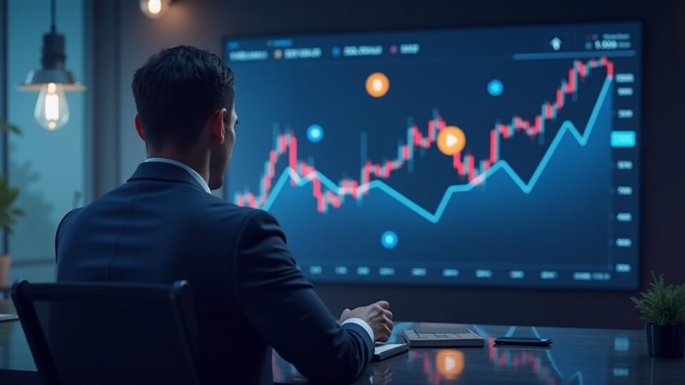 Sala de redacción fotorrealista con un analista mientras SOL y XRP suben en un gráfico de mercado y la aguja del Índice de Temporada de Altcoins asciende.