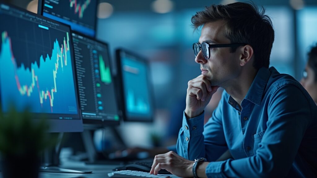 Un inversor institucional en un escritorio moderno observa el crecimiento on‑chain del TVL de RWA en Avalanche con raíles USDC y BlackRock BUIDL.