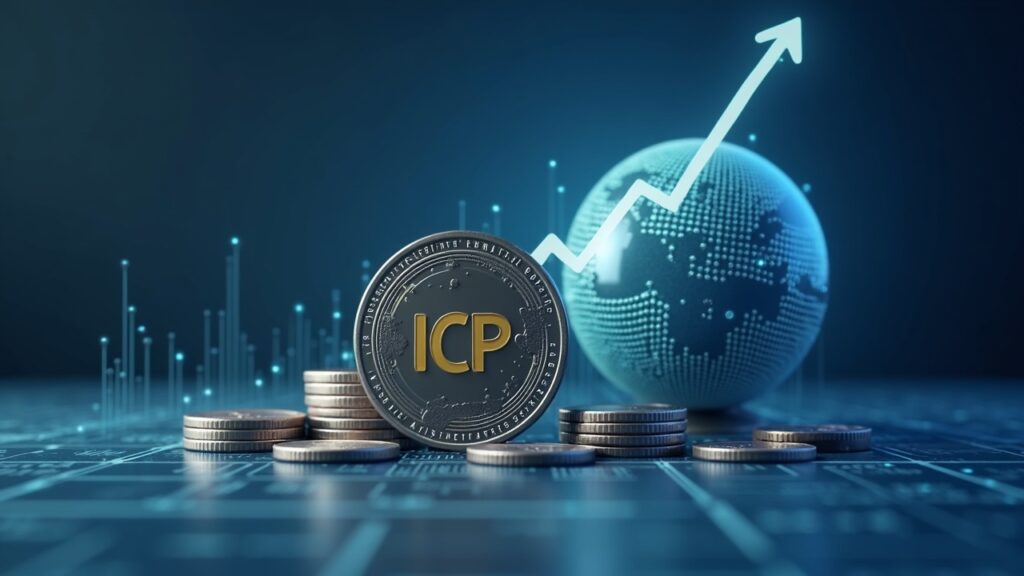 Token ICP fotorrealista con gráfico de precios en ascenso, iconos regulatorios de EE. UU. y un globo digital en una sala de redacción limpia.