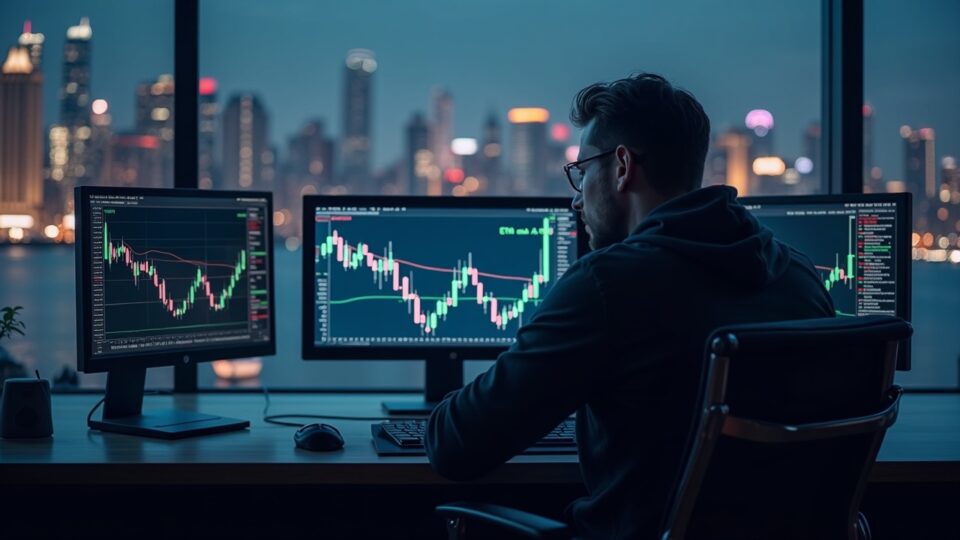 Mesa de trading cripto fotorealista con un analista, gráficos BTC/ETH y flechas de flujo bidireccional de ETF sobre un horizonte urbano.
