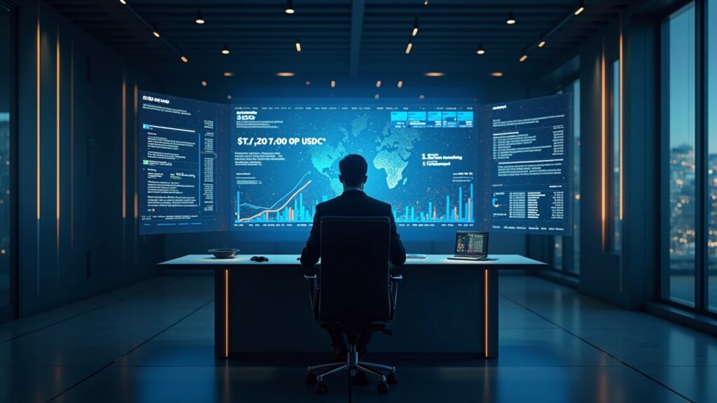 Oficina fintech nórdica fotorrealista con un ejecutivo central en un escritorio y una pantalla que muestra BTC y USDC como colateral.