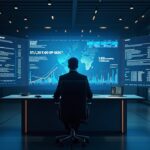 Oficina fintech nórdica fotorrealista con un ejecutivo central en un escritorio y una pantalla que muestra BTC y USDC como colateral.