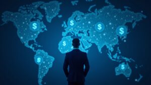 Ejecutivo financiero con traje contemplando un mapa luminoso interredes de USD tokenizados en una Capa 1 con privacidad habilitada.