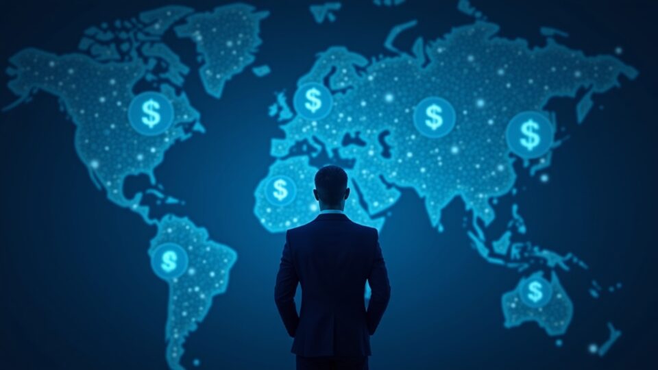 Ejecutivo financiero con traje contemplando un mapa luminoso interredes de USD tokenizados en una Capa 1 con privacidad habilitada.