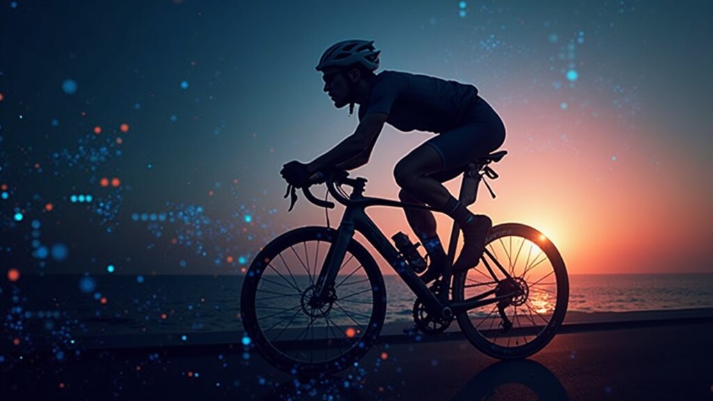Encabezado fotorrealista: silueta de un ciclista de élite con una sutil rejilla de blockchain y tonos fintech que transmiten confianza.