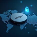 Dispositivo Ledger fotorrealista centrado con un tenue telón de fondo de nube de Global-e y una superposición de advertencia de phishing.