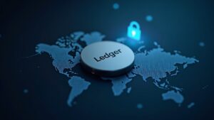Dispositivo Ledger fotorrealista centrado con un tenue telón de fondo de nube de Global-e y una superposición de advertencia de phishing.