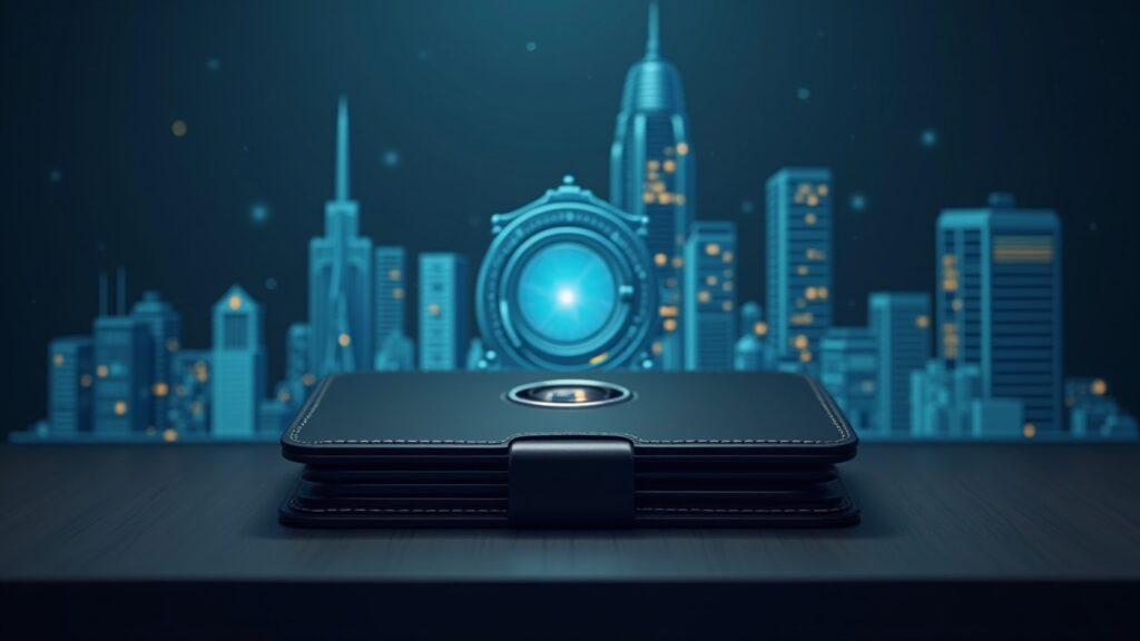 Cartera hardware Ledger fotorrealista sobre un escritorio con el perfil urbano y visuales de una bóveda digital, simbolizando la custodia institucional de criptoactivos.