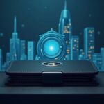 Cartera hardware Ledger fotorrealista sobre un escritorio con el perfil urbano y visuales de una bóveda digital, simbolizando la custodia institucional de criptoactivos.