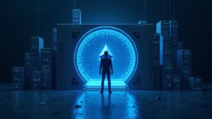 Encabezado fotorrealista de una bóveda digital con bloques modulares, brillo de Ethereum y una figura corporativa.