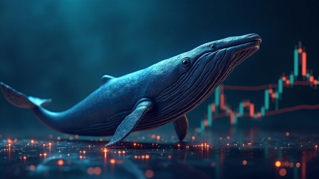 Imagen fotorrealista de una ballena de Litecoin sobre un gráfico de precios fluctuante con líneas de blockchain resplandecientes en un piso de trading institucional.