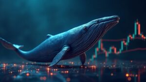 Imagen fotorrealista de una ballena de Litecoin sobre un gráfico de precios fluctuante con líneas de blockchain resplandecientes en un piso de trading institucional.