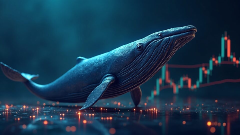 Imagen fotorrealista de una ballena de Litecoin sobre un gráfico de precios fluctuante con líneas de blockchain resplandecientes en un piso de trading institucional.