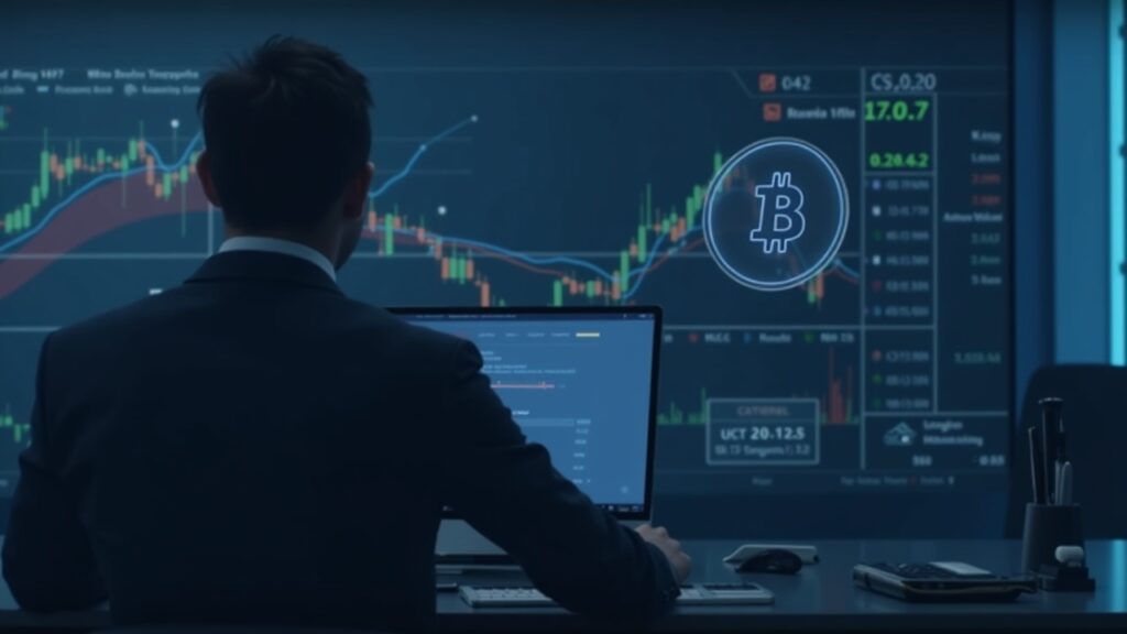 Escena de sala de redacción realista: profesional financiero en un escritorio, acciones de MicroStrategy e ícono de Bitcoin que señalan exposición institucional a las criptomonedas.