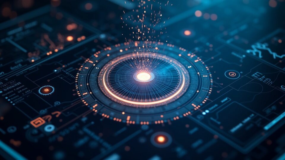 Imagen fotorrealista de un panel de oráculo brillante manipulado mientras ETH y USDC se vacían de un pool DeFi, con alertas intermitentes.