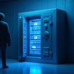 Bóveda fotorrealista que protege un pool DUSD/USDC mientras un atacante sombrío y un bot de MEV extraen ganancias bajo una iluminación azul de sala de redacción.