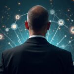 Ejecutivo fotorrealista con traje contempla vías cripto luminosas que conectan bancos con activos tokenizados.