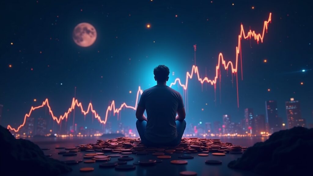 Trader fotorrealista en el centro mientras los memecoins se disparan, logo de Solana en el fondo con un gráfico de pico de neón.