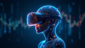 Casco de realidad virtual disolviéndose en circuitos de IA brillantes con el logo de Meta desvaneciendo, con un fondo de centros de datos y gráficos.