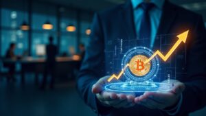Ejecutivo en una oficina financiera moderna con un holograma brillante de una bóveda de Bitcoin y un gráfico ascendente de reducción de deuda