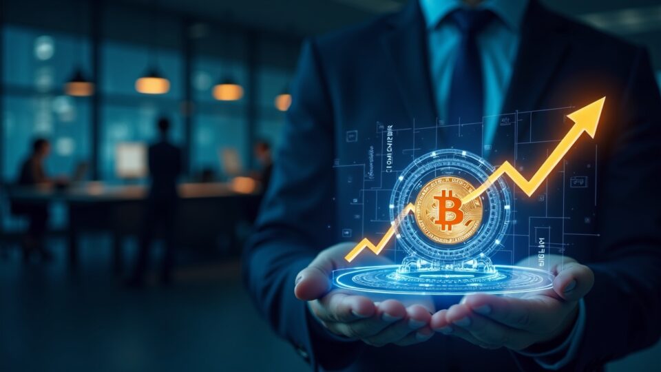 Ejecutivo en una oficina financiera moderna con un holograma brillante de una bóveda de Bitcoin y un gráfico ascendente de reducción de deuda