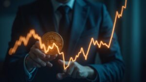 Encabezado fotorrealista: ejecutivo empresarial con gráfico de Bitcoin brillante y nota de deterioro, exposición de la tesorería a la volatilidad de BTC.