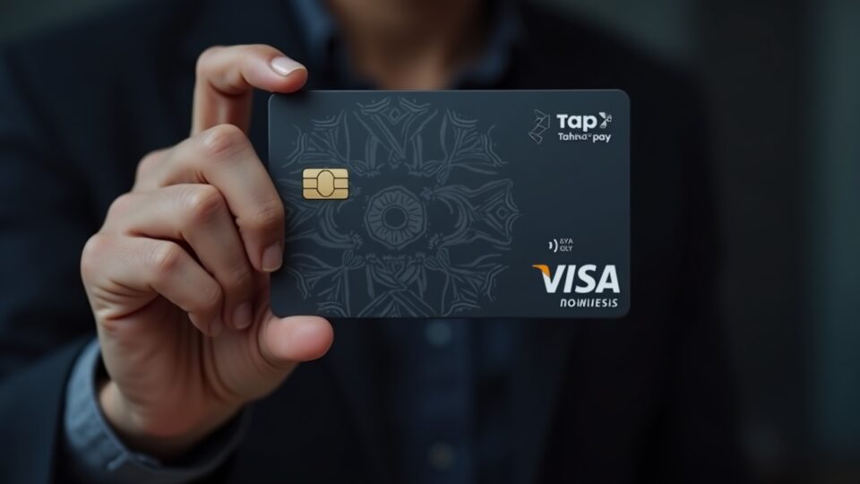 Un usuario sostiene una tarjeta cripto vinculada a una billetera sin custodia, con rendimiento en cadena y los iconos de Visa de pago con un toque.