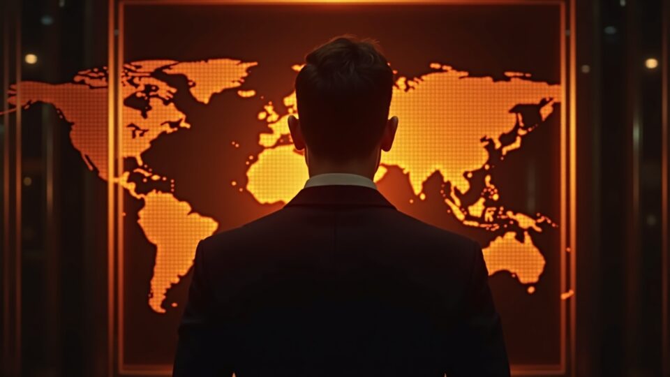 Ejecutivo frente a una bóveda de Bitcoin iluminada con puntos de datos naranjas que forman un mapa de BTC, en un elegante fondo de sala de redacción.