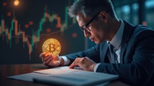 Encabezado fotorrealista: ejecutivo trajeado junto a un símbolo de Bitcoin con un gráfico de acciones teñido de rojo sobre un balance general.