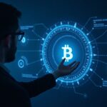 Tesorero corporativo inspeccionando un gráfico holográfico de una bóveda de bitcoin que muestra iconos de BTC y de efectivo bajo iluminación azul de sala de redacción.