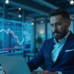 Ejecutivo corporativo en una oficina moderna con un gráfico del precio de Bitcoin, ilustrando el riesgo de tesorería y la volatilidad del mercado.