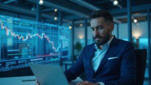 Ejecutivo corporativo en una oficina moderna con un gráfico del precio de Bitcoin, ilustrando el riesgo de tesorería y la volatilidad del mercado.