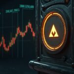 Símbolo de Monero al estilo sala de prensa en una bóveda de vidrio con un gráfico de precio fluctuante de $500 y titulares regulatorios sutiles.