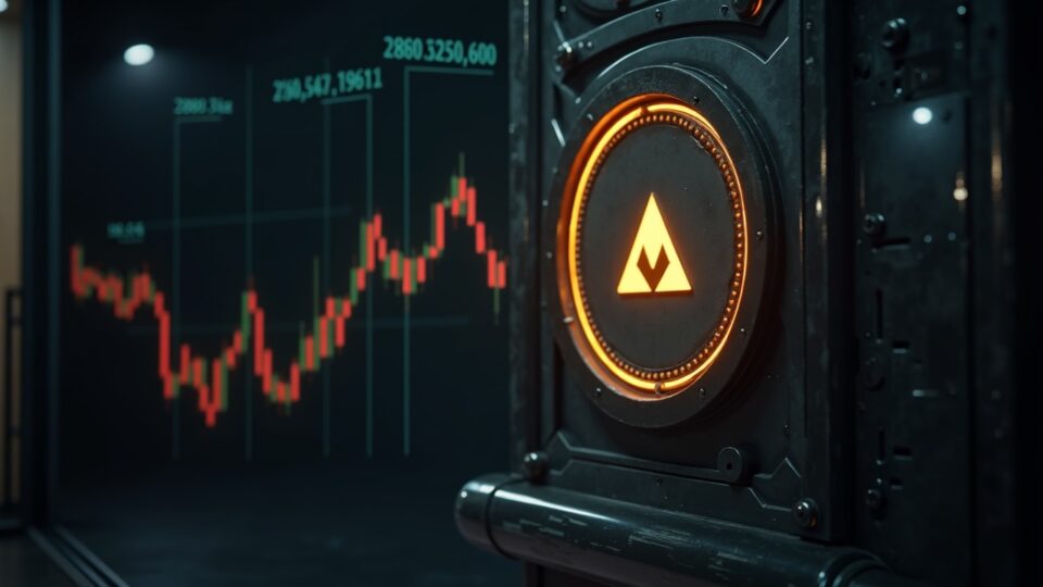 Símbolo de Monero al estilo sala de prensa en una bóveda de vidrio con un gráfico de precio fluctuante de $500 y titulares regulatorios sutiles.