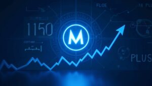 Sala de redacción futurista con un logotipo de Monero brillante, gráfico de precios en alza hacia 1150 y un fondo de red azul.