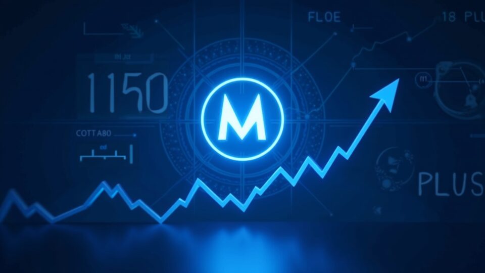 Sala de redacción futurista con un logotipo de Monero brillante, gráfico de precios en alza hacia 1150 y un fondo de red azul.
