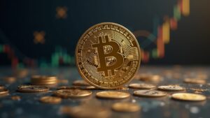 Moneda Monero fotorrealista en el centro con un gráfico de precios ascendente hasta $500, debate de gobernanza desenfocado y logotipos tenues de Zcash.