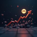 Logotipo de Monero XMR elevándose junto a un gráfico de precios que desafía la gravedad, CMF baja y los íconos de sentimiento caen en un entorno de sala de redacción cripto.
