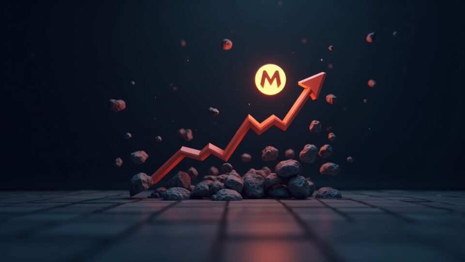 Logotipo de Monero XMR elevándose junto a un gráfico de precios que desafía la gravedad, CMF baja y los íconos de sentimiento caen en un entorno de sala de redacción cripto.