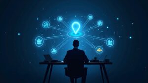 Ejecutivo en escritorio con una red cripto holográfica, marca de Morgan Stanley y Binance, iconos de ETF y staking